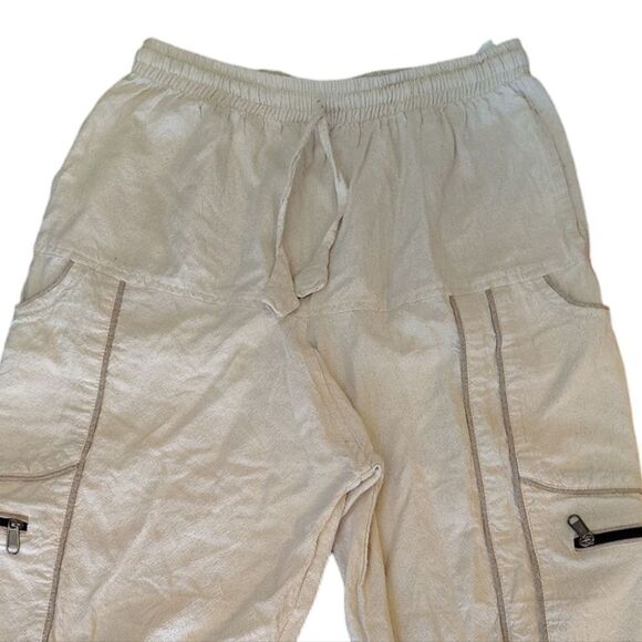 Khaki Cotton Cargo Drop Crotch Harem Unisex Capri Pants *Fits like Med- Large - Picture 2 of 12